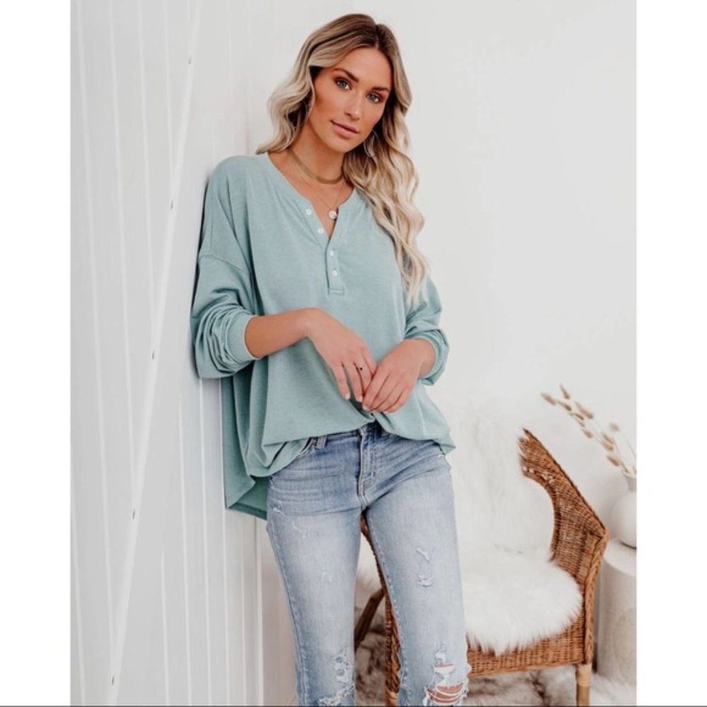 MAGGIE RELAXED KNIT HENLEY TOP SAGE - Picture 6 of 11